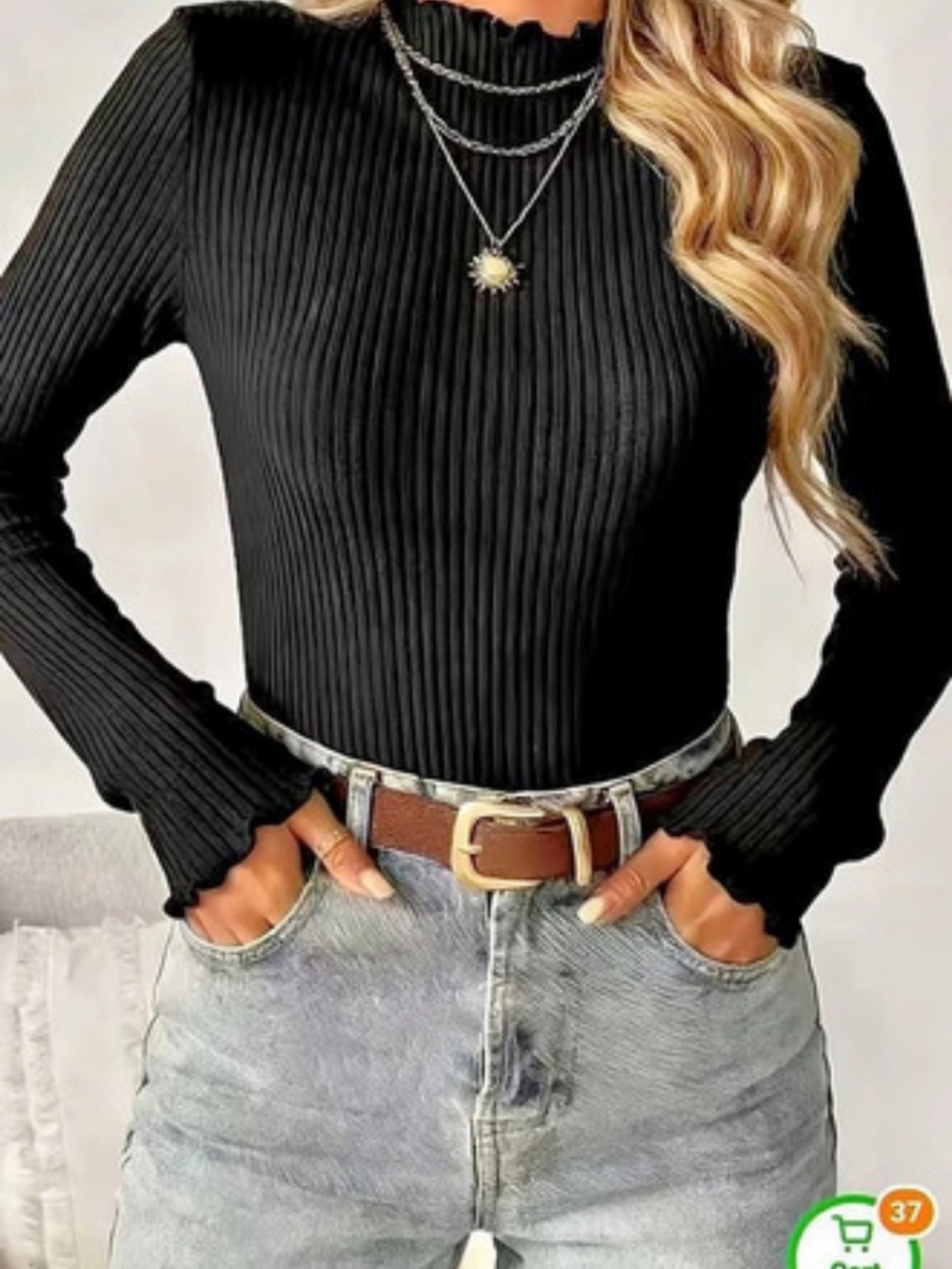 Women's Black Ribbed Long Sleeve Top